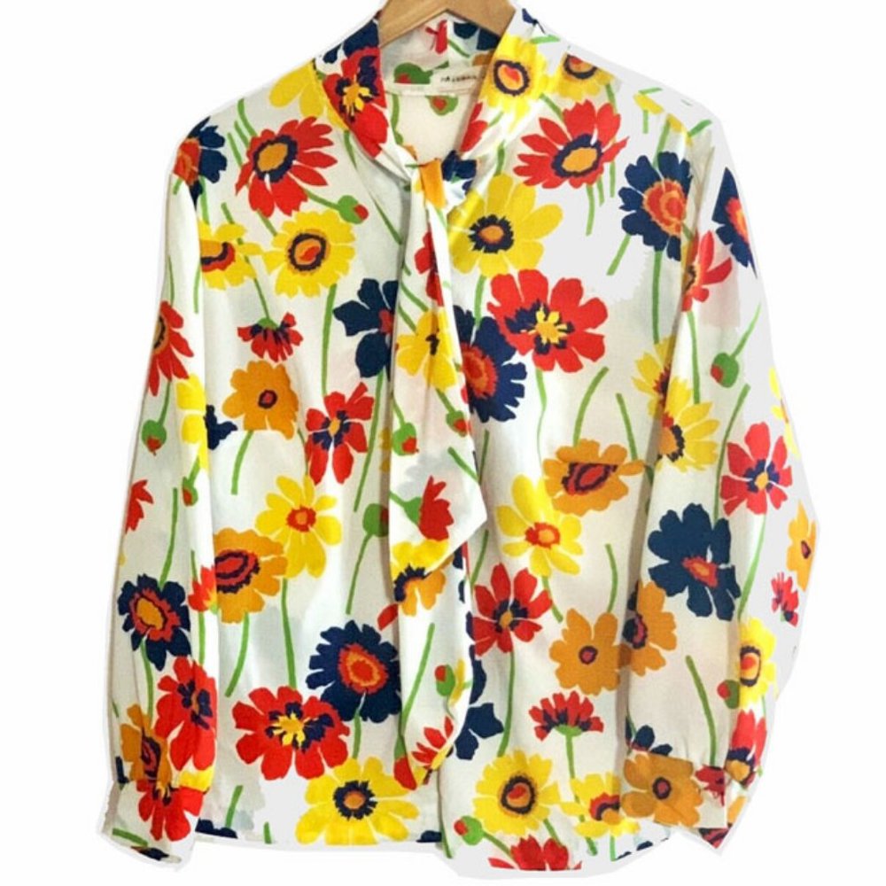 Vtg 60s White Multi Floral Ascot Tie Blouse LP